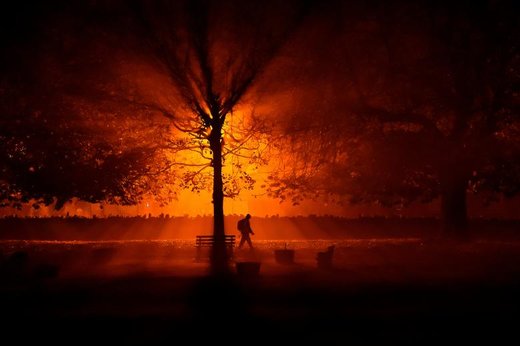یک مرد در هوای مه‌آلود و سرد شب با استفاده از نور چراغ از پارکی در ایرلند عبور می‌کند