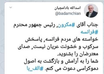 بادامچیان: آقای مکرون! شما را به اصول دموکراسی دعوت می‌کنم