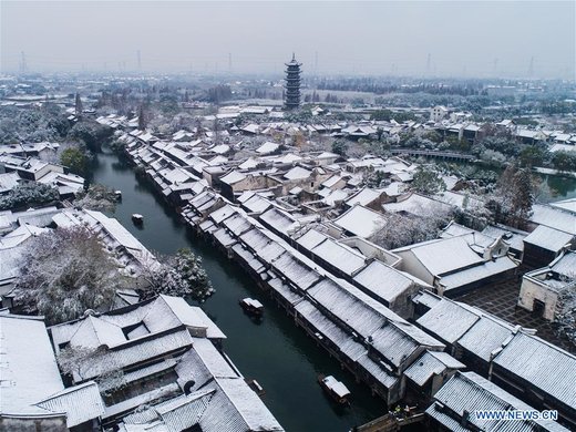 بارش برف در شهرک ووژن چین