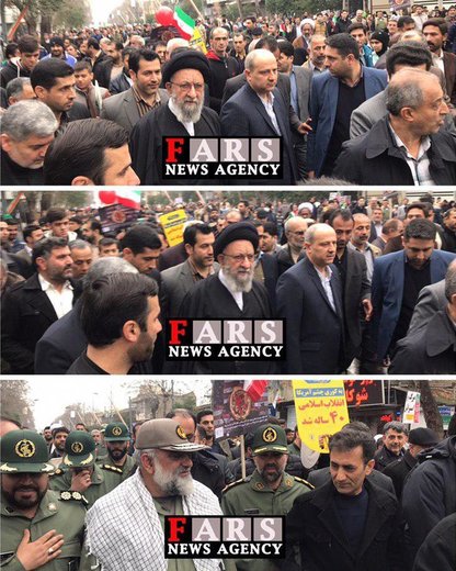 حضور سردار نقدی، آیت‌الله نورمفیدی نماینده ولی فقیه در گلستان و سیدمناف هاشمی استاندار گلستان در بین راهپیمایان گرگانی در ۲۲ بهمن ۱۳۹۷