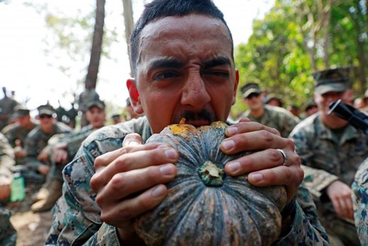 یک سرباز در سی و هشتمین دوره تمرینات نظامی کبرای طلایی در تایلند میوه می خورد