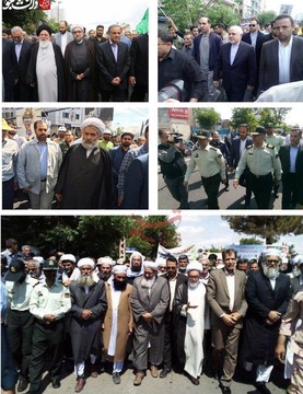 حضور امام جمعه مشهد، تولیت آستان قدس رضوی، ظریف، مسئول اطلاعات سپاه، مولوی عبدالحمید و سردار رحیمی در راهپیمایی روز قدس