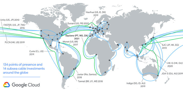 نقشه کابل‌های اتصال زیردریایی گوگل