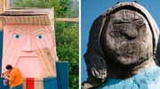 مجسمه چوبی ترامپ در کنار مجسمه عجیب ملانیا جنجال آفرید/ عکس