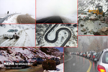 بارش برف در جاده چالوس/ انجام عملیات نمک‌پاشی در پیچ‌های خطرناک
