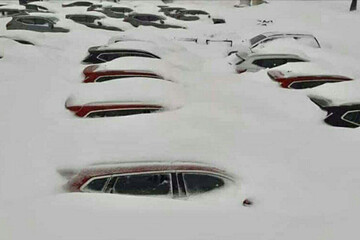 ببینید | تصویر باورنکردنی از غرق شدن خودروها در مرز حاجی عمران در برف