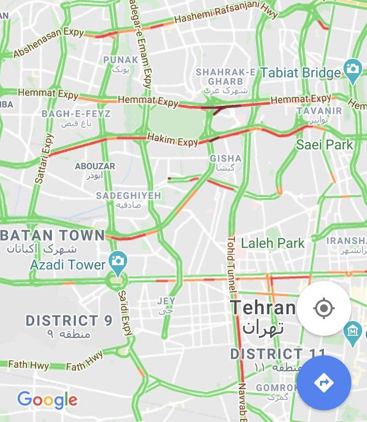 تصویر گوگل از ترافیک سنگین تهران