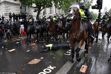 معترضان پلیس اسکاتلندیارد را از اسب پرت کردند؛ اسب فرار کرد!/عکس