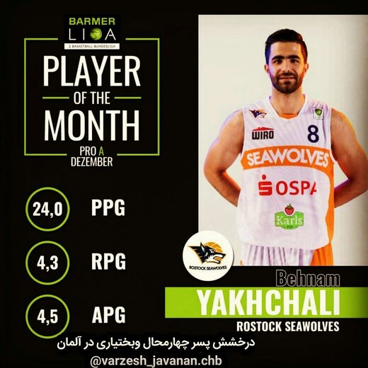 بسکتبالیست چهارمحال وبختیاری برترین بازیکن ماه آلمان شد