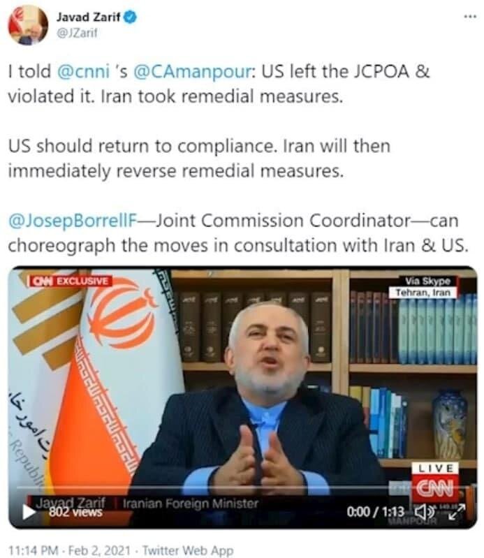 ظریف: بورل می‌تواند قدم‌ها را در مشورت با ایران و آمریکا هماهنگ کند
