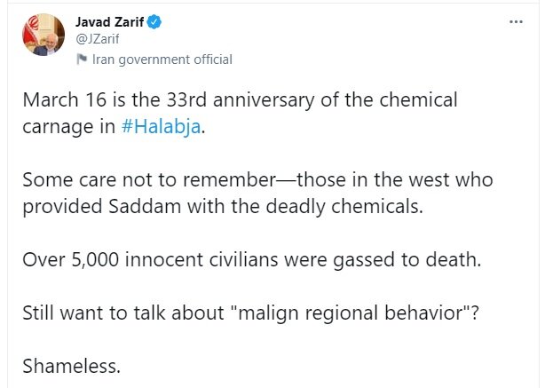 توییت کنایه‌آمیز ظریف به غربی‌ها در سالگرد فاجعه حلبچه