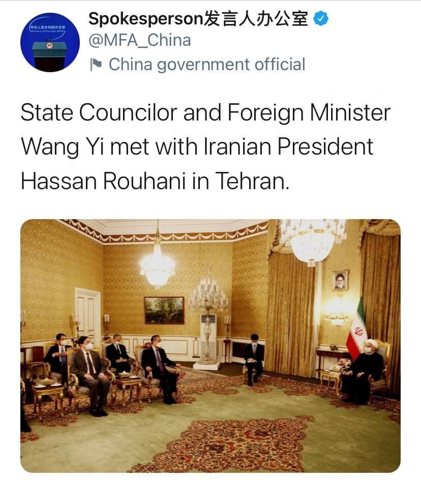  توئیت سخنگوی وزارت خارجه چین درباره دیدار وانگ یی با روحانی