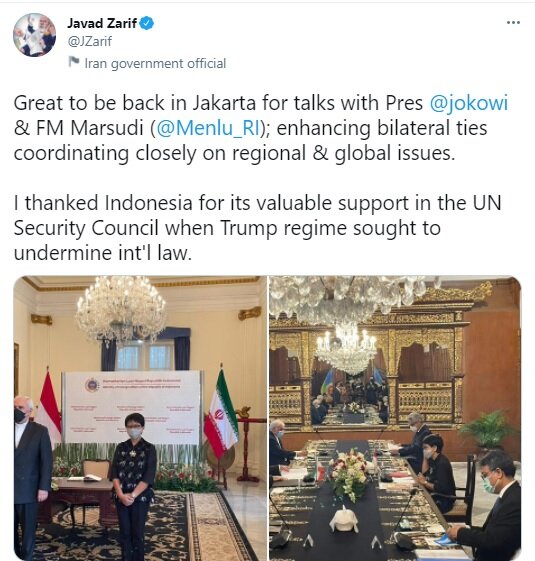 گزارش توئیتری ظریف از نتایج سفر به اندونزی