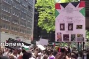 ببینید | تمثال رهبر انقلاب، امام خمینی و سیدحسن نصرالله در میان تظاهرات آمریکایی‌ها برای فلسطین