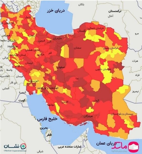 نقشه تمام قرمز کرونایی ایران در ۱۰ مرداد ۱۴۰۰