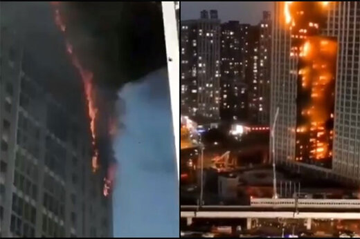 ببینید | آتش‌سوزی هولناک در یک برج مسکونی در دالیان چین