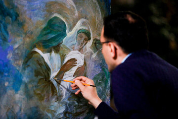 عکس | نقاشی جدید حسن روح‌الامین با موضوع میلاد حضرت زهرا(س)