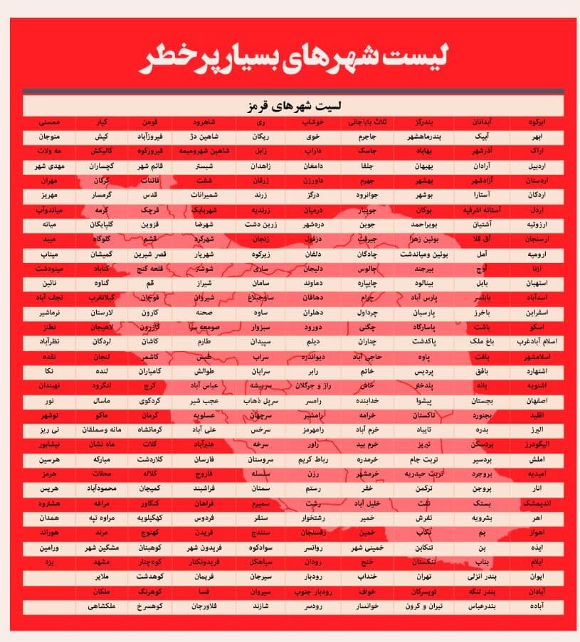 جدول کامل اسامی شهرهای دارای خطر بالای کرونا در کشور 