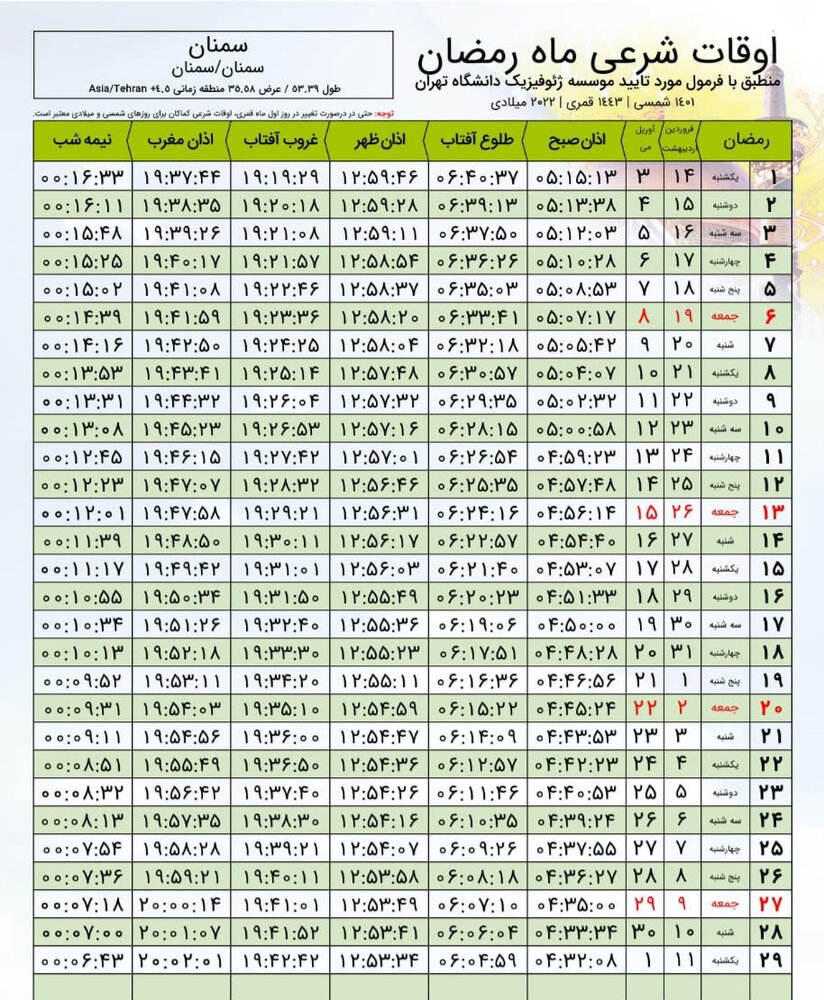 اوقات شرعی ماه مبارک رمضان‌ سال ۱۴۰۱ در سمنان