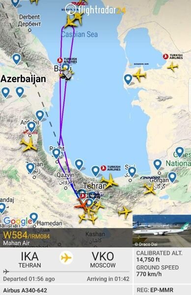 چرا پرواز تهران-مسکو از روی دریای خزر به کشور بازگشت؟/ عکس