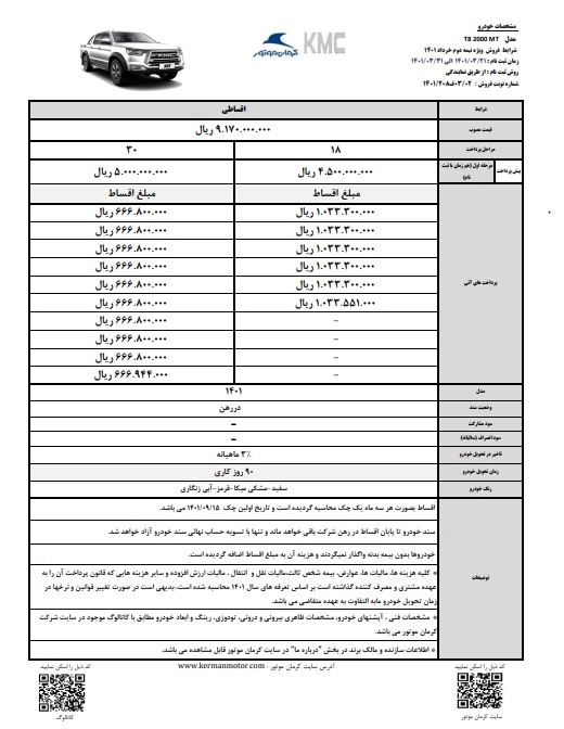 شرایط فروش اقساطی پیکاپ T۸ اعلام شد+ جدول