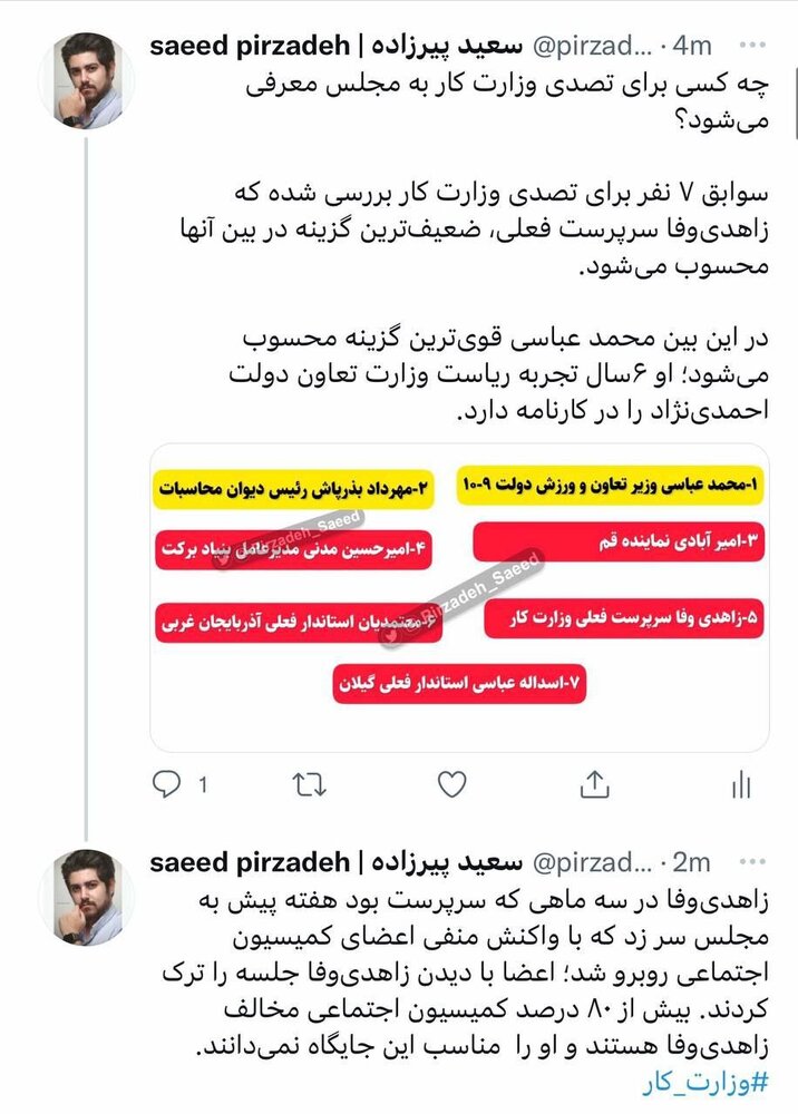 ۷ نامزد برای یک صندلی وزارت / قوی ترین و ضعیف ترین گزینه های تصدی وزارت کار کدامند؟