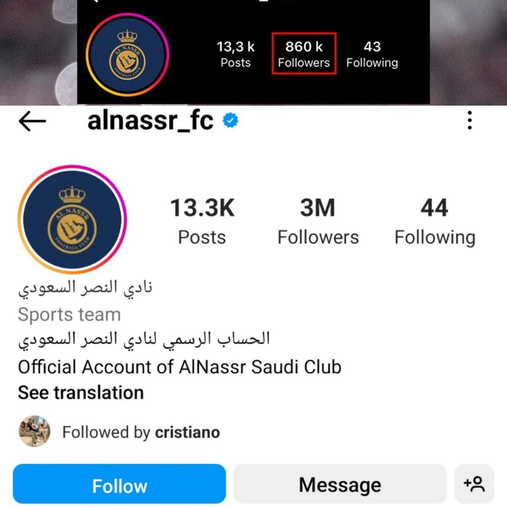 عکس | افزایش فالوئر اینستاگرام باشگاه النصر بعد انتقال رونالدو