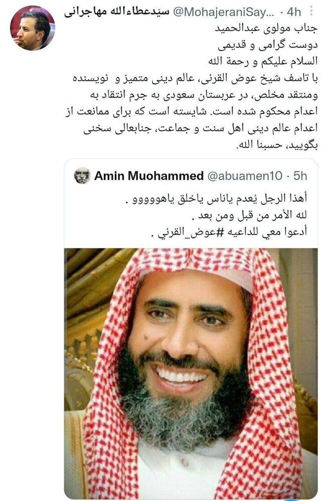 کنایه توییتری عطاءالله مهاجرانی  به مولوی عبدالحمید