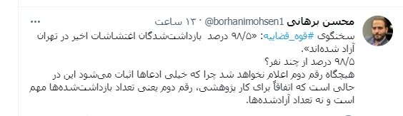 برهانی، حقوقدان: ۹۸/۵ درصد از چند نفر بازداشتی؟ / هیچگاه رقم دوم اعلام نخواهد شد