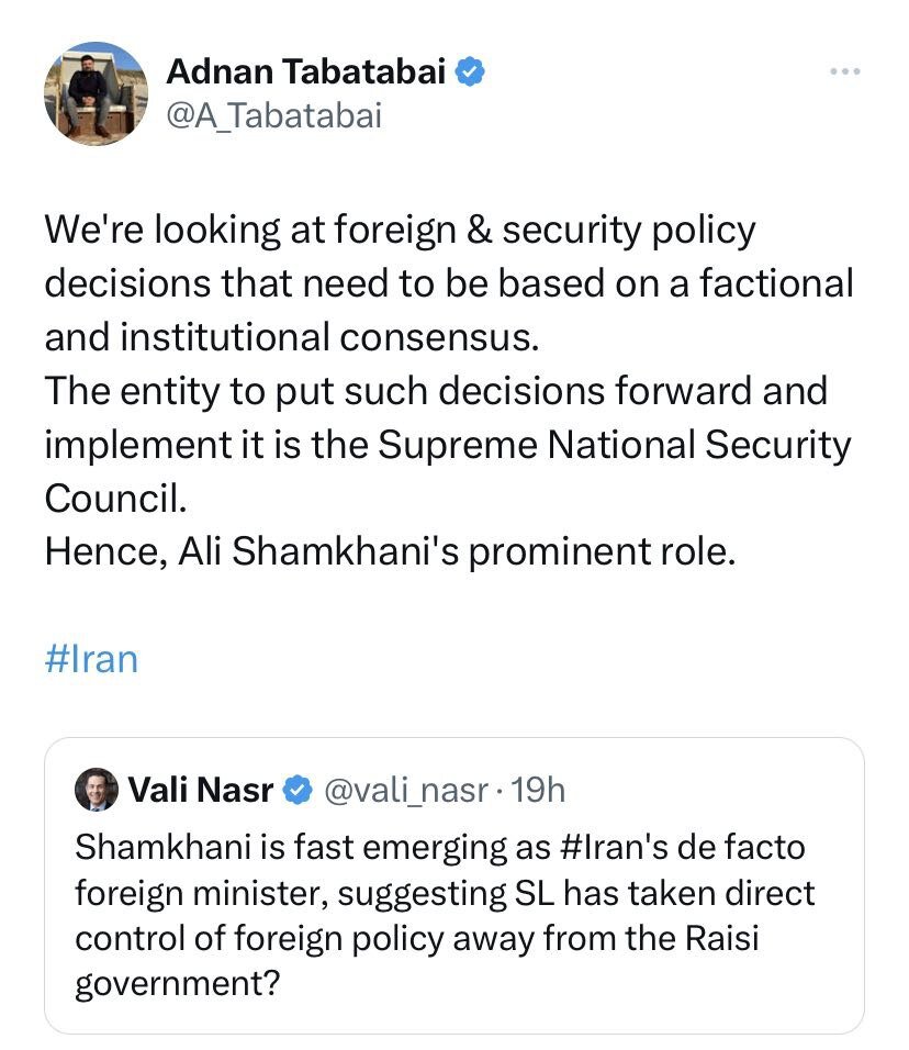 ولی نصر:حاکمیت سیاست خارجی از دولت گرفته و به شمخانی سپرده/طباطبایی:سیاستهای جدید باید مورد اجماع همه و توسط نهادی بالادستی اجرا شود