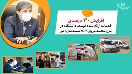 افزایش 30 درصدی خدمات ارائه شده توسط دانشگاه علوم پزشکی در طرح سلامت نوروزی 1402 نسبت به سال گذشته در استان سمنان افزایش 30 درصدی خدمات ارائه شده توسط دانشگاه علوم پزشکی در طرح سلامت نوروزی 1402 نسبت به سال گذشته در استان سمنان