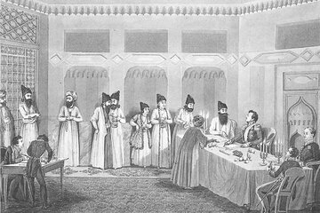 عکس | تصویری منتسب به هیئت ایرانی در سال ١٨٢٨ در حال پرداخت غرامت ترکمانچای به روس‌ها