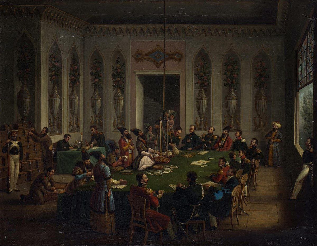 عکس | تصویری منتسب به هیئت ایرانی در سال ١٨٢٨ در حال پرداخت غرامت ترکمانچای به روسها