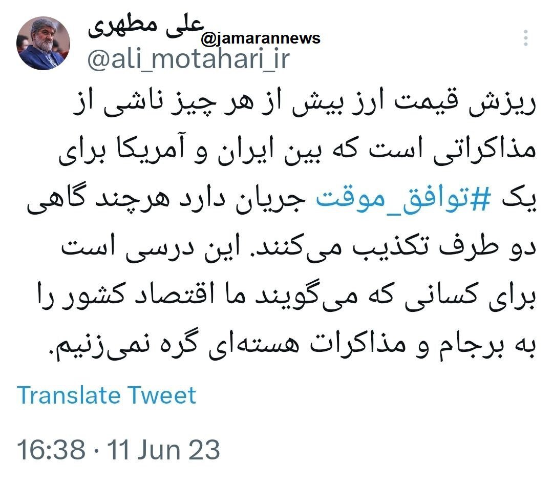 روایت مطهری از «درس ریزش ارز» در پی خبرهای «توافق موقت» ایران و آمریکا