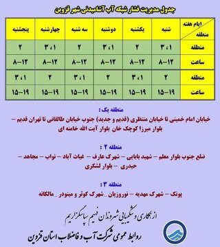 برنامه هفتگی افت فشار آب در مناطق مختلف قزوین  اعلام شد