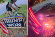 ببینید | جنجال در آمریکا؛ ویدیوی آتش زدن تابلوی حیاط خانه ترامپ توسط یک دوچرخه‌سوار