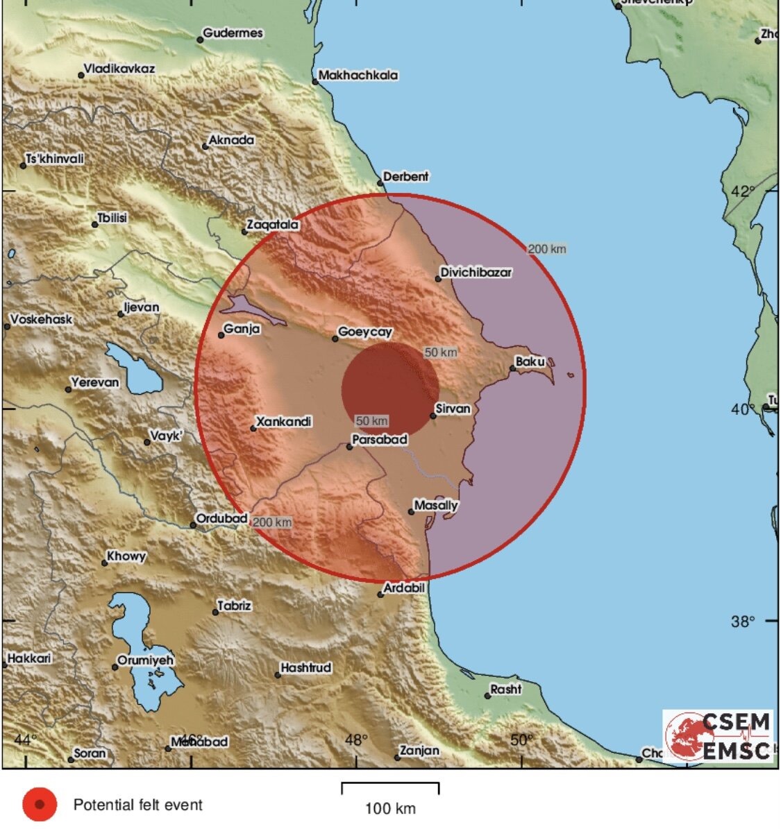 عکس | محل دقیق زلزله ۵/۱ ریشتری امشب آذربایجان که در اردبیل هم حس شد