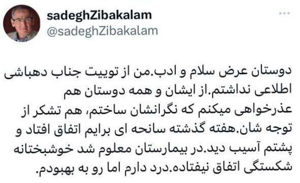 صادق زیباکلام دچار سانحه شد /درد دارم اما رو به راهم!