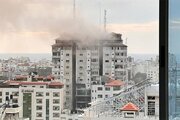 ببینید | لحظه انهدام برج فلسطین در پخش زنده الجزیره