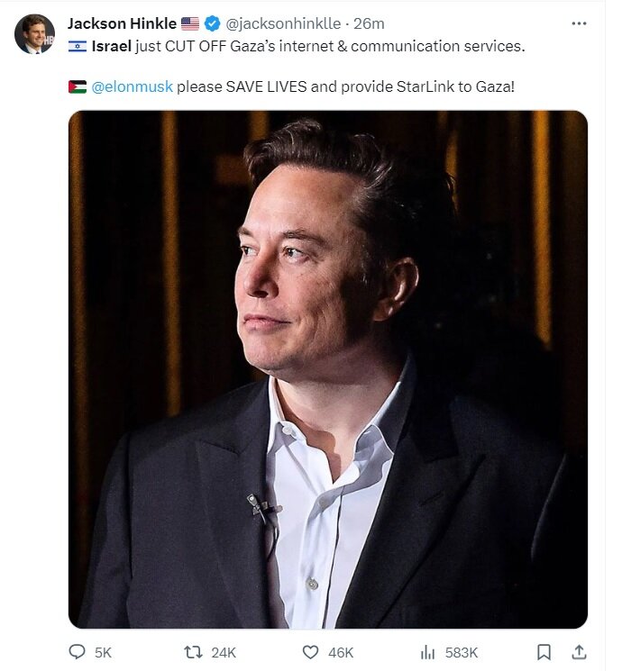 درخواست تحلیلگر معروف آمریکایی از ایلان ماسک درباره اینترنت غزه/ استار لینکت کجاست؟