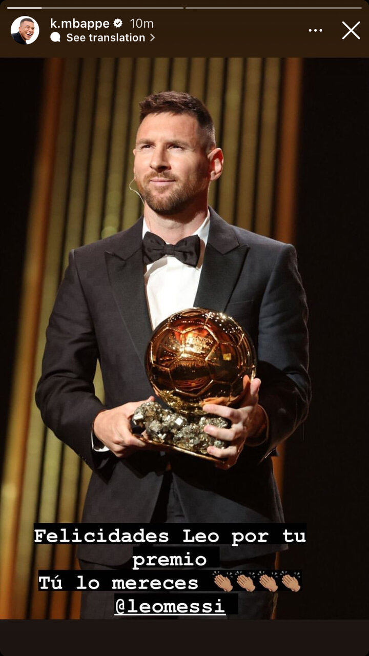 عکس| استوری امباپه برای مسی پس از توپ طلا