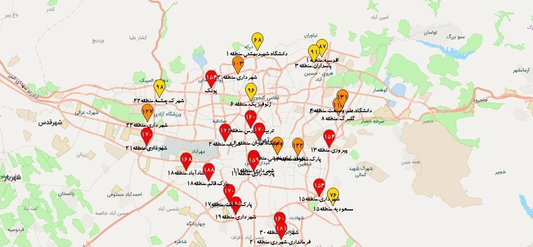 کیفیت هوای تهران در وضعیت نارنجی/ وضعیت « قرمز » در ۱۳ منطقه