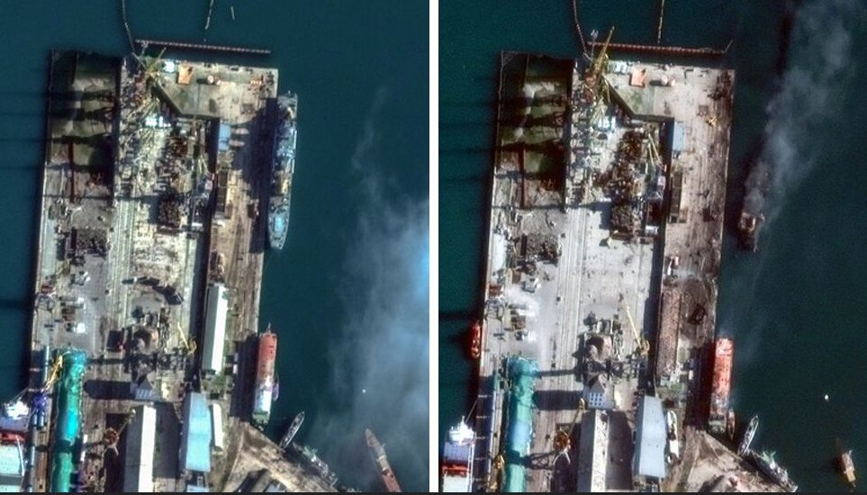 کشتی جنگی روسیه پیش و پس از حمله موشکی/ عکس ماهواره‌ای