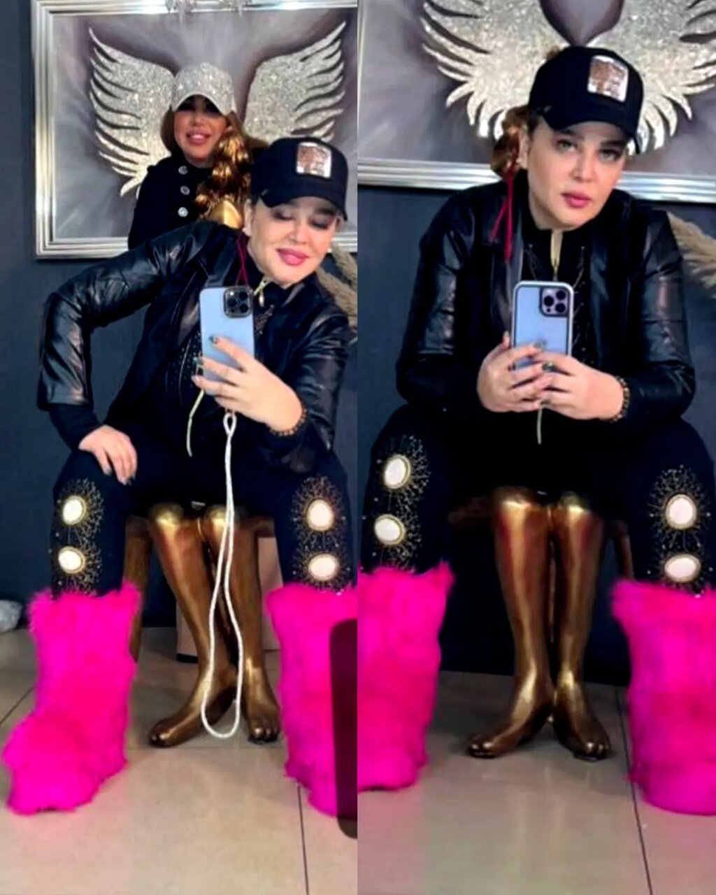 عکس | استایل عجیب بهاره رهنما در مزون لباس؛ بوتهای پشمی صورتی!