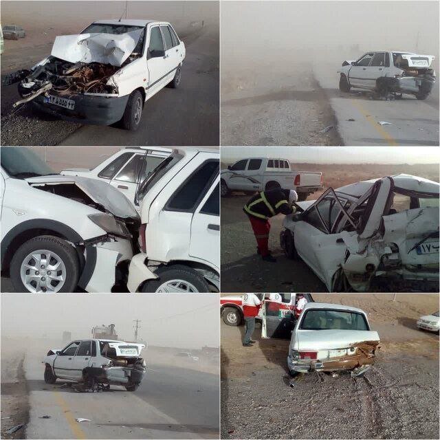 برخورد زنجیرهای ۲۰ خودرو در جاده فریمان-تربتجام؛ پراید له شد/ عکس