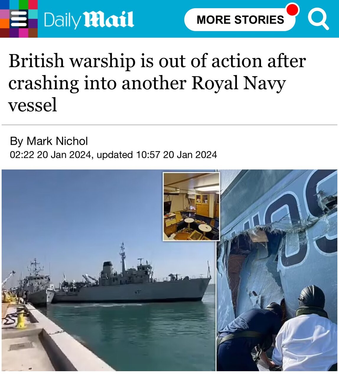 تصاویر | عکس‌هایی تازه از پاره شدن بدنه ناوچه نظامی انگلیس بعد از تصادف در سواحل بحرین