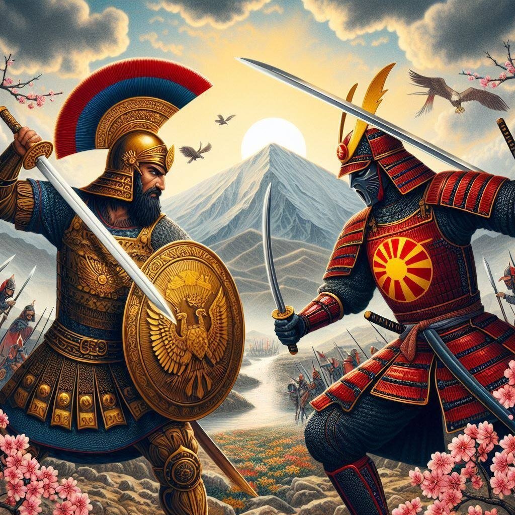 عکس هوش‌مصنوعی از جدال سرباز پارسی و سرباز سامورایی