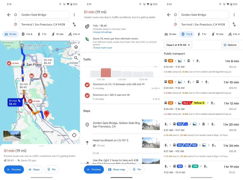 مجموعه اسکرین شات از طراحی جدید بخش مسیر یابی برنامه گوگل مپ در اندروید