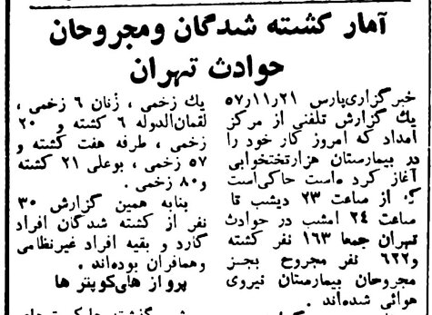 آمار رسمی کشتهشدگان و مجروحان تهران در یک روز اعتراضات: ۱۶۳ کشته و ۶۲۲ مجروح به جز مجروحان بیمارستان نیروی هوایی