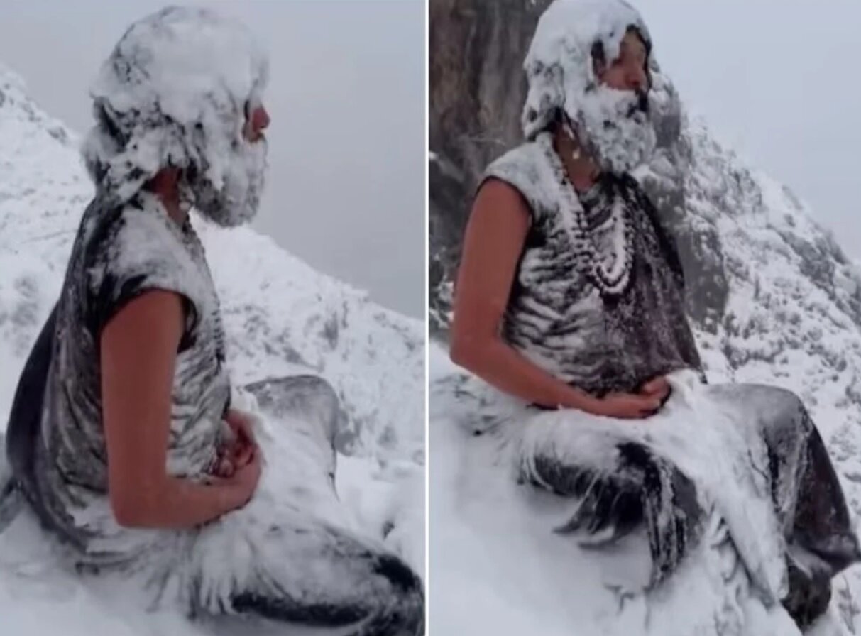 مدیتیشن این مرد در ارتفاعات پربرف هیمالیا خبرساز شد/ تصویر